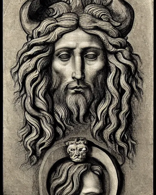 Prompt: four faces in one creature, eagle beak, lion mane, two large horns on the head, jesus face, drawn by da vinci. symmetrical