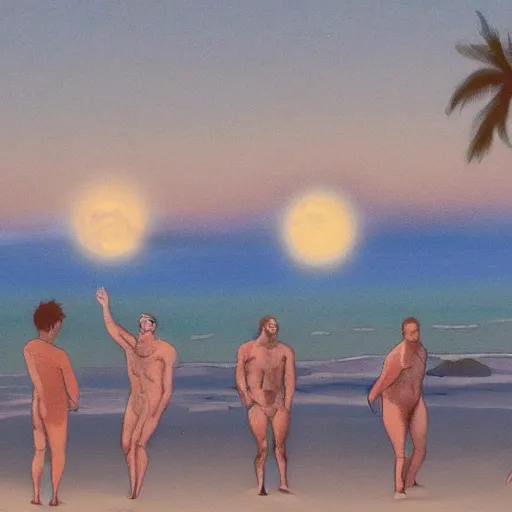 Image similar to five guys skinny dipping in the moonlight, trending on artstation