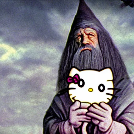 Image similar to portrait of gandalf, Hello Kitty hairdo, holding a blank playing card up to the camera, movie still from the lord of the rings