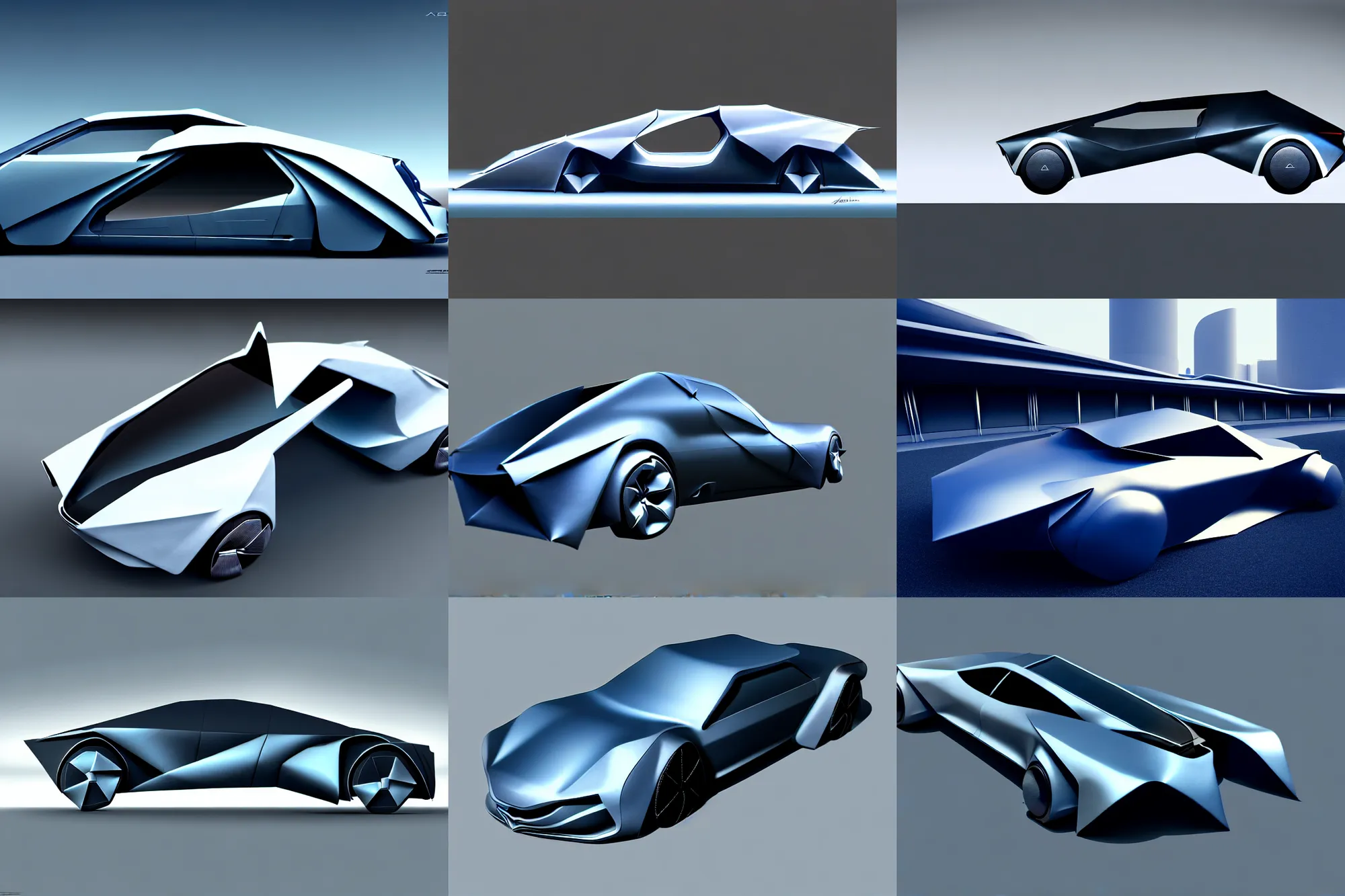 Prompt: digital matte painting : : of a curvilinear origami future sedan, glass and metal : : peugot onyx, renault ultimo, sci fi, artstation, concept art, industrial design, modern architecture