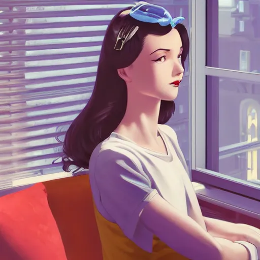 Prompt: portrait of a beautiful girl with dark hair that's styled in a 1940's fashion, dressed in a white t-shirt, sitting in an apartment alone by a window that overlooks a futuristic city, nighttime, low-key neon lighting, 4k, HQ, official media, anime key visual, makoto shinkai, ilya kuvshinov, lois van baarle, rossdraws, detailed, trending on artstation