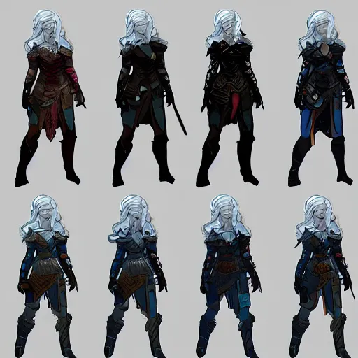 Image similar to character concept art sheet the witcher 3 female, turnaround, concept art, sketchy style