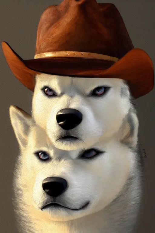 Image similar to a portrait painting of a husky in cowboy costume, wearing a cowboy hat, by studio ghibli, [ western film ], humanoid, personify, anthropomorphic, trending on artstation