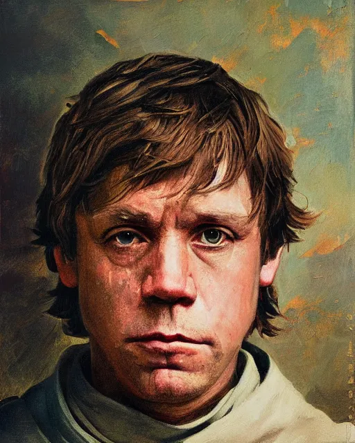 Image similar to painterly portrait, luke skywalker, impasto, fantasy, chuck close:7, carl spitzweg:7, cinematic light, full face, symmetrical face