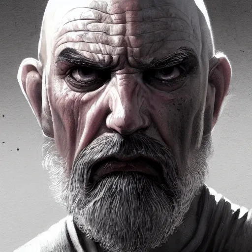 Image similar to angry bald old man portrait, beautiful face, highly detailed face, close-up, fantasy art, male art, in the style of greg rutkowski, illustration, epic, fantasy, intricate, hyper detailed, artstation, concept art, smooth, sharp focus, ray tracing