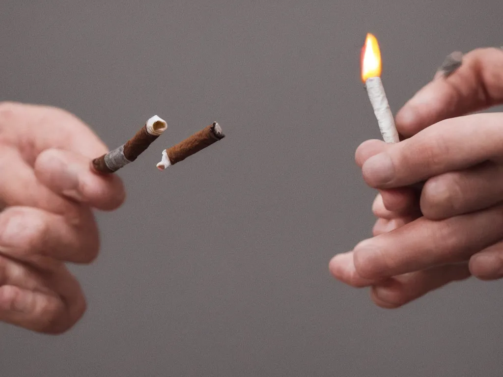 Prompt: Close-up view of hyperrealistic thin soft hand holding cigarette with smoke, photo by George Marks, 4K