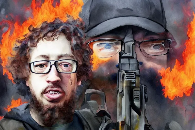 Image similar to portrait of Sam Hyde holding an AR-15 rifle, standing outside a flaming burnt down white house, epic, trending on artstation