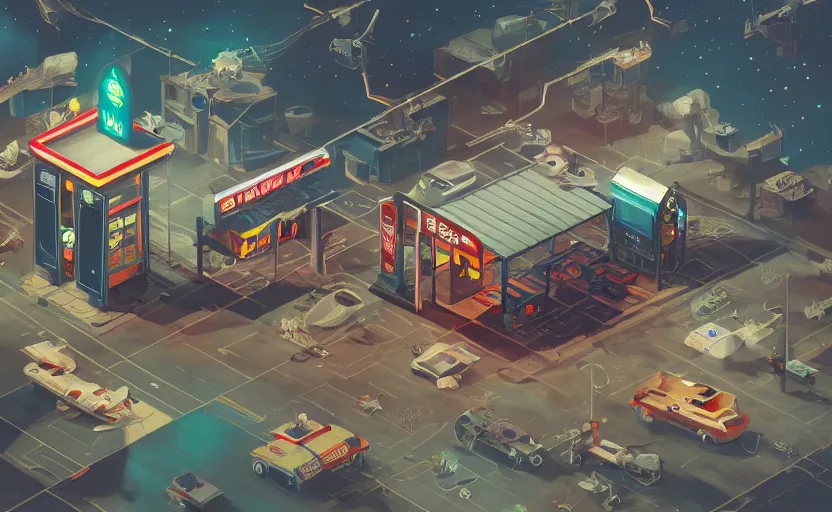 Image similar to isometric gas station in space, 8 k, steampunk, hard edges, zoomed in, very coherent, sharp focus, rim light, exquisite lighting, hard edges, sci - fi, print, cinematic, game art, soft painting, trending on artstation