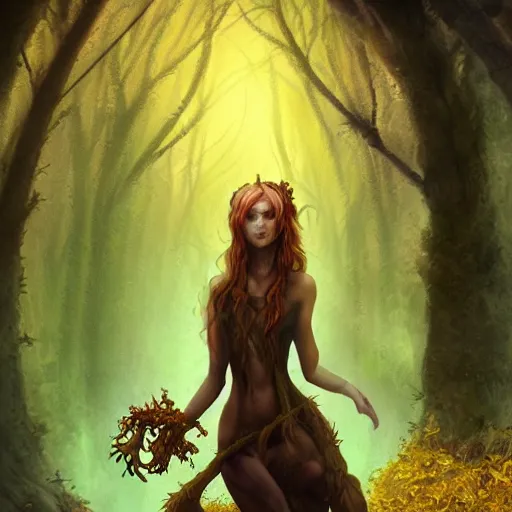 Image similar to portrait of a dryad, inspired by brian froud, inspired by dungeons and dragons, mysterious, fierce expression, yellow catlike eyes, in an evening autumn forest, trending on art station, sunset evening lighting, anime, ominous shadows by jessica rossier