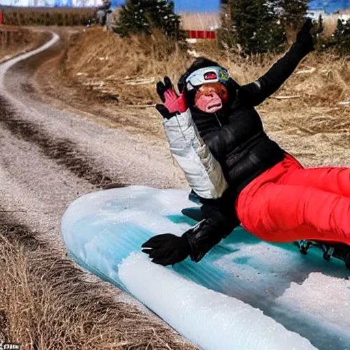 Image similar to sports illustrated photo, an elderly woman sliding down an incredibly long ice luge on her back at incredibly high speeds
