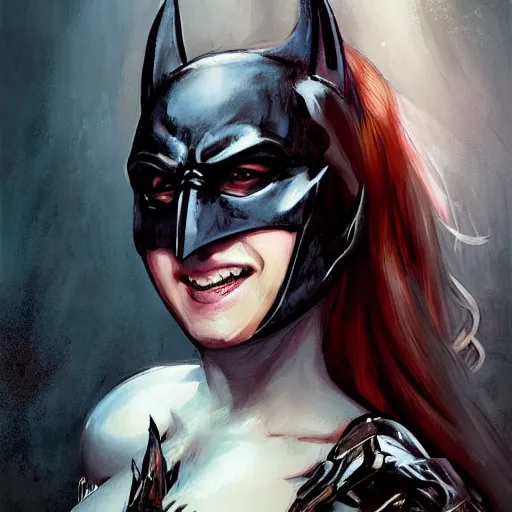 Image similar to batman as an attractive young smiling woman wearing a mushroom crown and heavy armoured wedding dress, face portrait, hd shot, digital portrait, beautiful, fantasy art, artstation, comic style, by artgerm, guy denning, jakub rozalski, magali villeneuve and charlie bowater