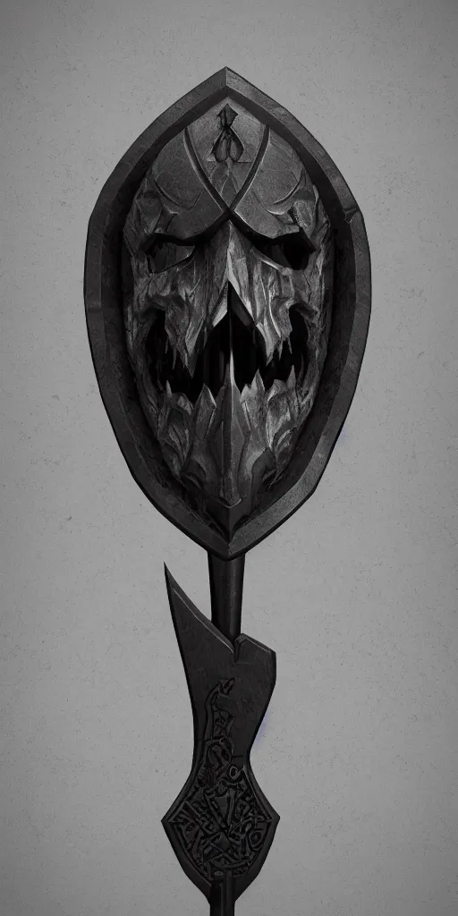 Image similar to a black and silver axe skull crest, ornament, dwarven weapon, by dom qwek, trending on artstation, hard surface modeling, axe, ax