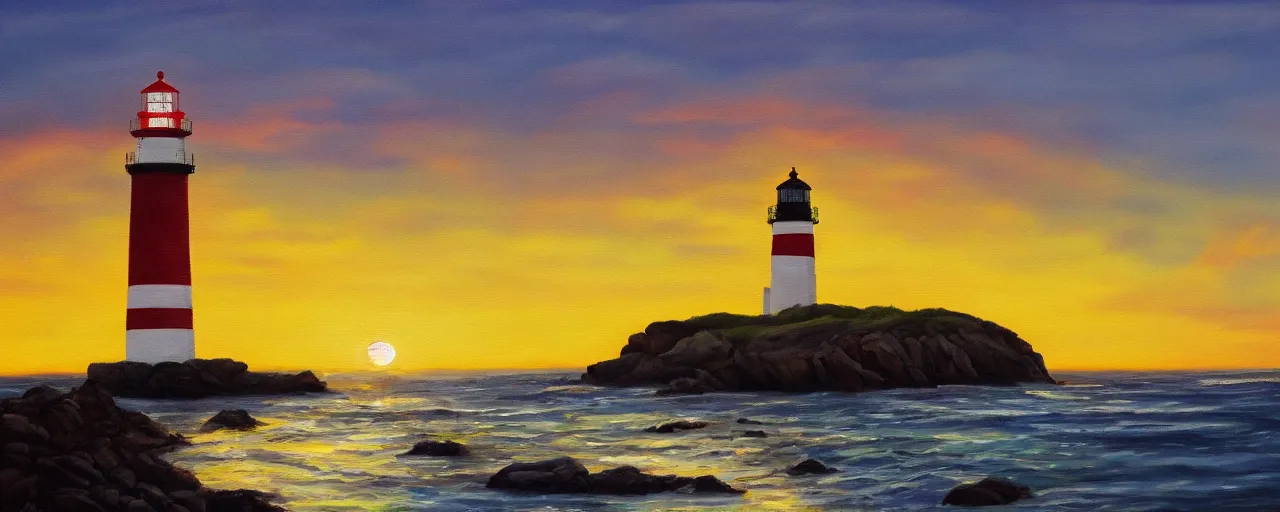 Image similar to A painting of a lighthouse by the ocean at sunset