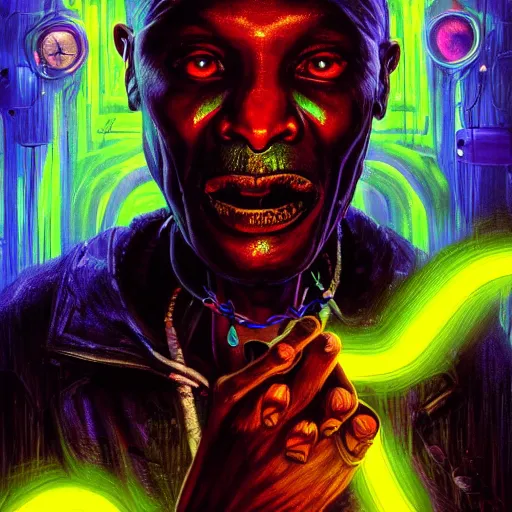 Prompt: a death tarot featuring a haitian voodoo priest with menacing eyes, blacklight neon colors, by anton semenov and android jones in cyberpunk voodoo style, oil on canvas, 8k