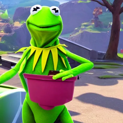 Image similar to still of kermit the frog from fortnite