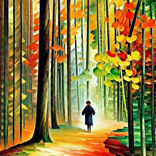 Prompt: a person walking through a forest, art by ivan bilibin and giacomo balla and leonid afremov,