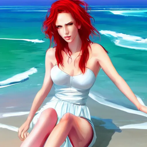 Image similar to beautiful woman with red hair and green eyes wearing a white sundress, on a beach, flirting, smiling, eye contact, perfect face, perfect body, digital art in the style of artgerm and WLOP, extreme long shot