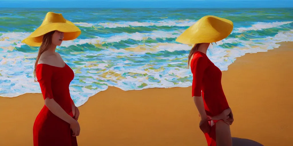 Image similar to beautiful oil matte portrait painting, young woman with red dress and mustard yellow summer hat at a beach on a sunny day, wonderful masterpiece highly detailed, beautiful cinematic light deep focus, elegant, digital painting, smooth, sharp focus, golden ratio, dramatic illumination, ultra realistic, 8 k, art by jimmy law