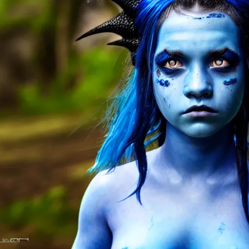 Prompt: a dnd Triton girl with blue skin and messy black hair, a little blue-skinned girl with messy black hair sharp pointed ears freckles along the ridges of her cheeks, dnd triton, high resolution film still, 4k, HDR colors