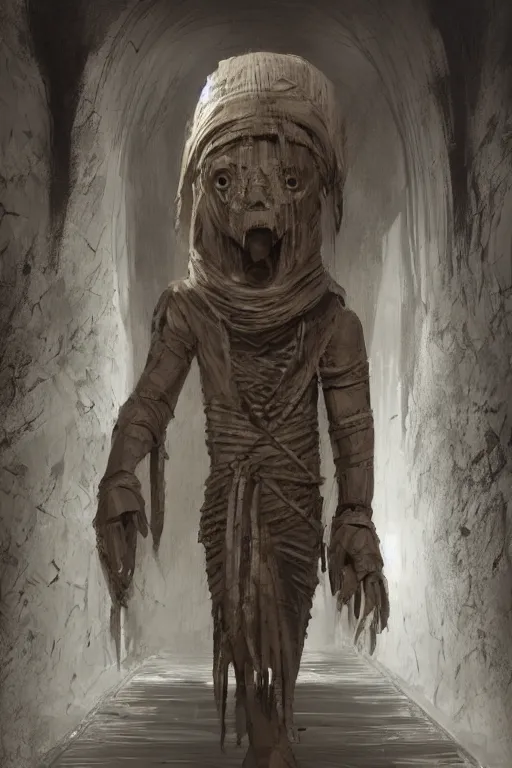 Image similar to a mummy walking down a hallway in a Pyramid, face portrait, raphael lacoste, eddie mendoza, alex ross, concept art, matte painting, highly detailed, rule of thirds, dynamic lighting, cinematic, detailed, denoised, centerd