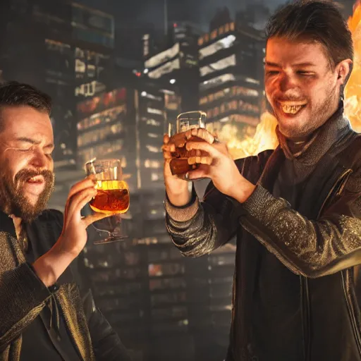 Prompt: two men toast while waiting for the end of the world in a burning cyberpunk city, realistic, high definition, 4K, shimmering color, symmetrical face, hyper detailed, art of unreal ingine 5