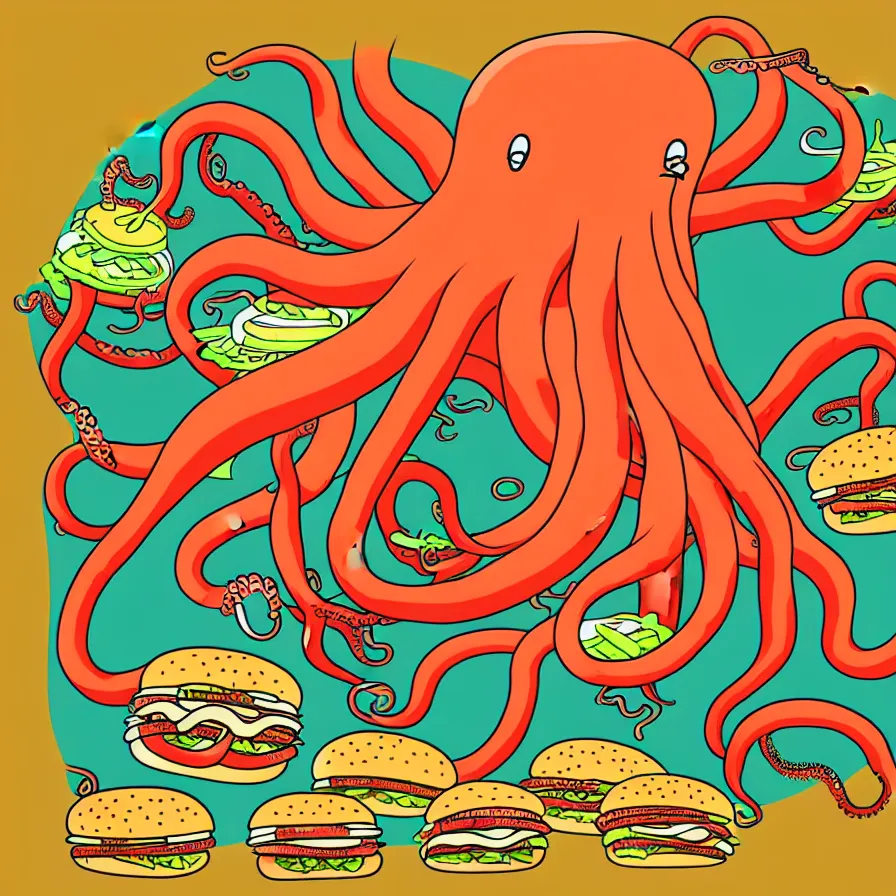 Image similar to ultra detailed artistic illustration of a giant octopus holding many burgers, tentacles wrapped around burgers, vector art, artstation, 8 k