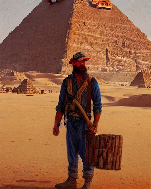 Image similar to detailed painting of an american lumberjack in front of the gizeh pyramids of egypt, greg rutkowski, magali villeneuve and monet