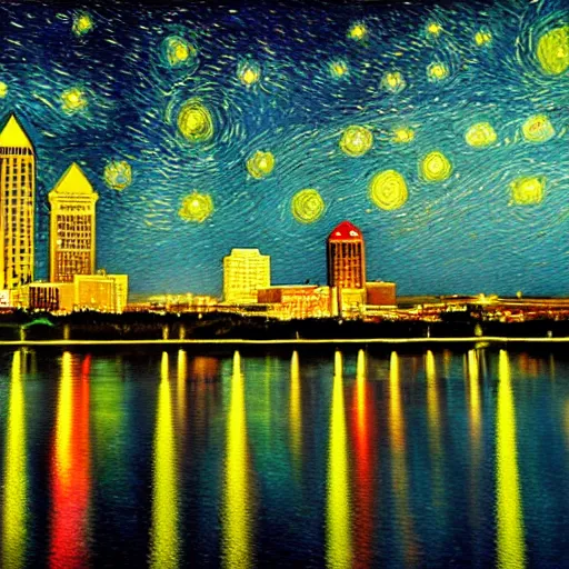 Image similar to louisville ky skyline at night reflecting of the river, in the style of van goghs painting starry night