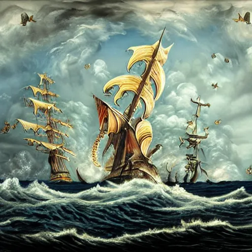 Image similar to a highly detailed hyperrealistic scene of a ship being attacked by giant squid tentacles, jellyfish, squid attack, dark, voluminous clouds, thunder, stormy seas, pirate ship, dark, high contrast, fiery galaxy, nomadic