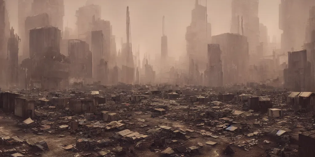 Image similar to dystopian city with endless refugees tents on different heights of huge ruined buildings, night lights, rain and haze, concept art, intricate, photorealistic, octane render, rtx, hdr, unreal engine