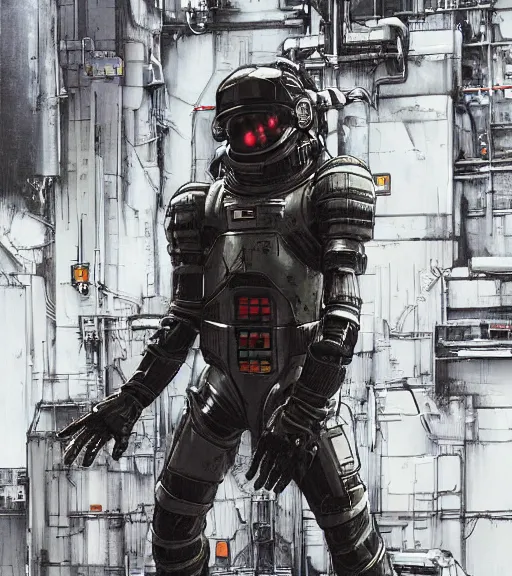 Image similar to realistic cyberpunk engineer with long limbs and a black spacesuit on a spacewalk, techwear, dead space, visible face, Industrial Scifi, detailed illustration, character portrait, by Ashley Wood and Moebius