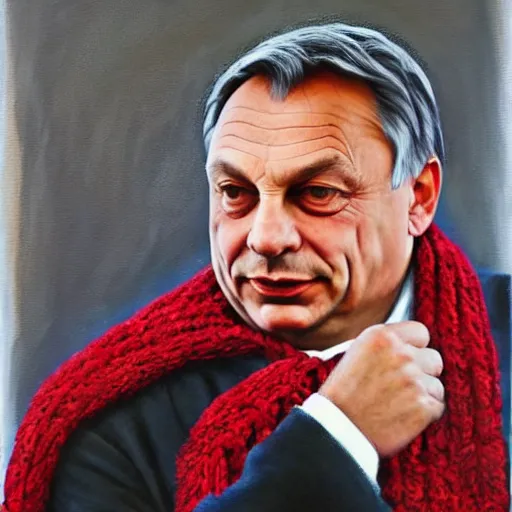 Prompt: viktor orban knitting a scarf, oil painting