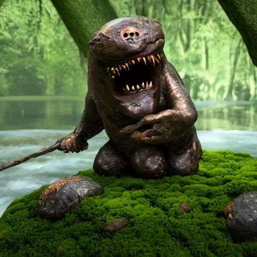 Image similar to monster made of river stone and moss, copper eyes, lush river garden, ultra realistic, 4 k, hyper realistic, octane render, harry potter, cinematic, ultra detail, cute