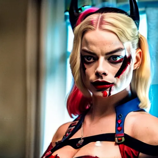 Image similar to Margot Robbie as real-life Harley Quinn, cinematic, Wide-shot, atmospheric lighting, directed by Quentin Tarantino, extreme detail, 8K, movie still