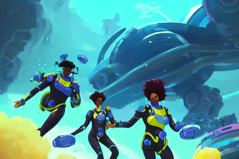 Image similar to afro - futurist scuba divers escaping an alien leviathan | hyperrealistic digital painting by makoto shinkai, ilya kuvshinov, lois van baarle, rossdraws | afrofuturism in the style of hearthstone and overwatch, trending on artstation