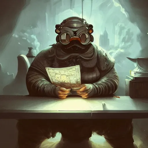 Image similar to a insanely detailed painting of a chubby masked asian man wearing a costume sitting at a desk, staring at the nervously at the computer typing, in the style of peter mohrbacher, dramatic lighting and composition, trending on artstation, concept art, comic book