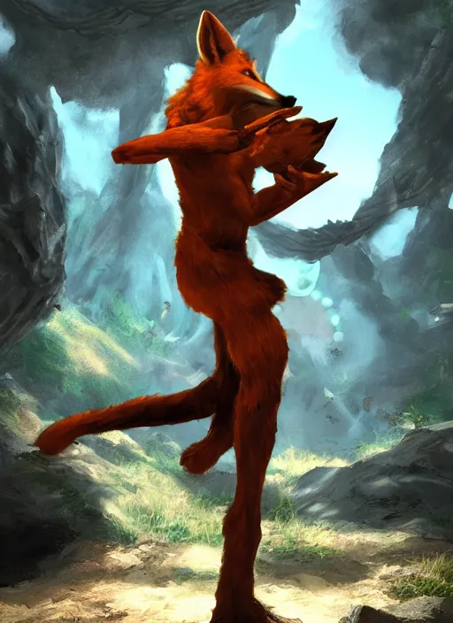 Image similar to A fantasy comic book style portrait painting of a fox person training martial arts in a cavern setting, unreal 5, DAZ, hyperrealistic, octane render, RPG portrait, ambient light, dynamic lighting