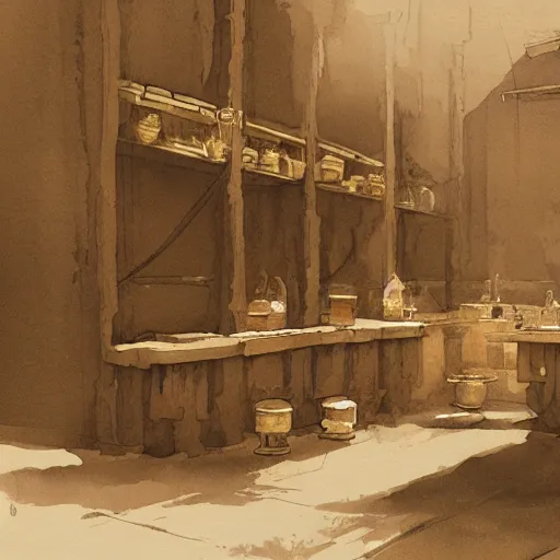 Prompt: A hightly detailed sepia watercolor painting of an alchemy lab, by greg rutkowski, trending on artstation