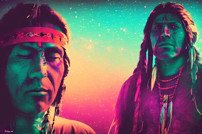 Image similar to photograph of a spiritual native american man looking up at the stars, art, universe, blender, pastel colors, synthwave, retro, cyberpunk,