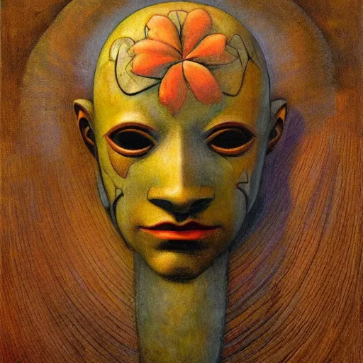 Image similar to masterpiece painting of a facemask made of stylized flowers, by annie swynnerton and jean delville and tino rodriguez and john watkiss and rufino tamayo, flower mask, art deco shaman, symbolist, dramatic lighting, god rays, elaborate geometric ornament, modern realism, clean crisp graphics, soft cool colors, smooth, sharp focus, extremely detailed