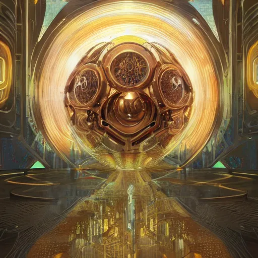 Prompt: hyper realistic golden quantum computer in the shape of a giant cube the size of a city , art by artery and Greg Rutkowski and alphonse mucha, sci-fi, fantasy, intricate, ornate, very very intimidating , highly detailed, digital painting, artstation, concept art, smooth, sharp focus, illustration