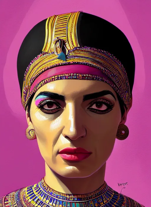 Prompt: portrait of an egyptian woman with a crooked nose and a confident expression, 1 9 6 0 s, colorful clothes, punk, funk, intricate, elegant, highly detailed, digital painting, artstation, concept art, smooth, sharp focus, illustration, art by wlop, mars ravelo and greg rutkowski