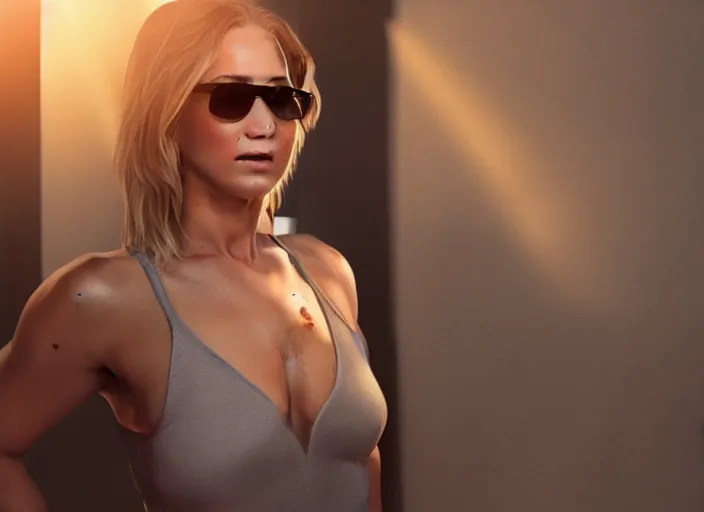 Prompt: bodybuilder jennifer lawrence wearing suit and glasses, god's rays, cinematic light, octane render, photorealistic, digital painting, drew struzan, gta v cover art........