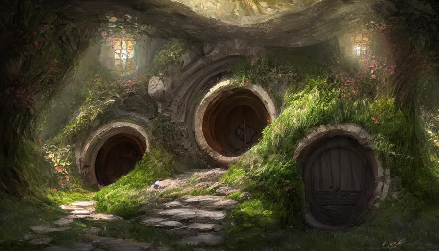 Prompt: concept art of a beautiful hobbit - hole, digital art, trending on artstation