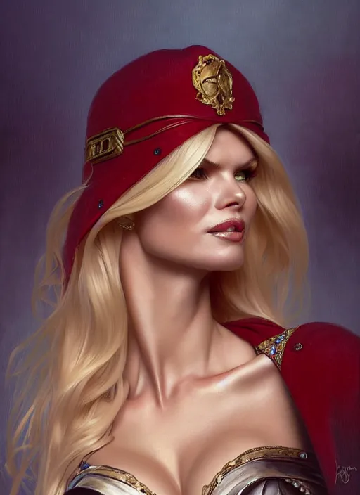 Prompt: portrait of victoria silvstedt as a sultry lady, collar, jewelry, greek, ruby, intricate, headshot, highly detailed, digital painting, artstation, concept art, sharp focus, cinematic lighting, illustration, art by artgerm and greg rutkowski, alphonse mucha, cgsociety