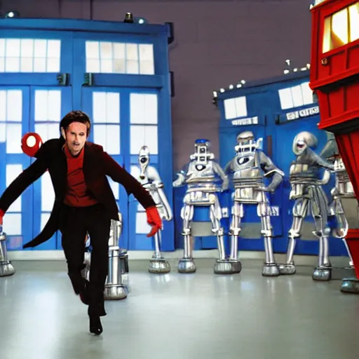 Image similar to promotional image of an action shot of David Tennant as Doctor Who at a polka dancing contest at the YMCA basketball gym, around the gym cybermen and daleks and captain jack are clapping, in the background the Tardis door is wide open, frenetic, quirky, movie still, promotional image, imax 70 mm footage, HDR, 8K, 4K, ultrarealistic, photorealistic