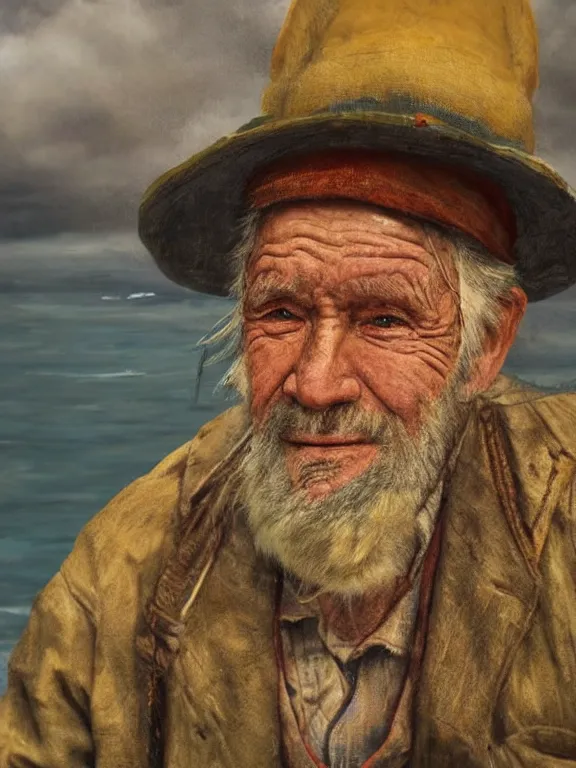 Image similar to realistic renderings portrait of very old fisher man portrait with a hat, wearing a fisher 🧥, coloured wears, ( ( ( ( ( a bird in the sky ) ) ) ) ) ponton port scene background, astonishing scenes, detailed, photorealism, volumetric lighting, autumn lights colors, ultra detailed