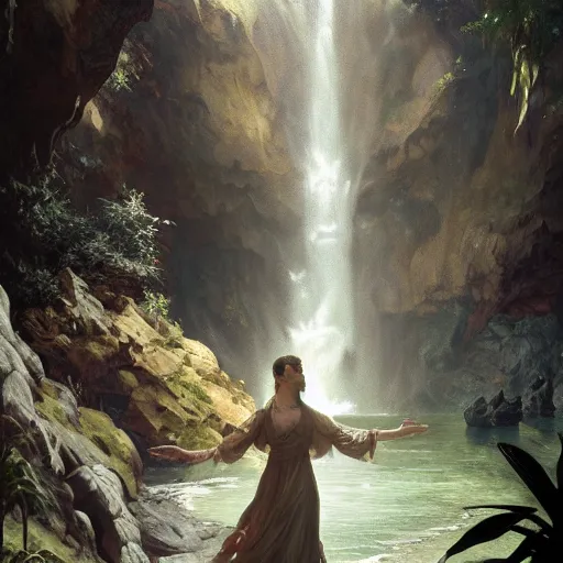 Prompt: an extremely detailed matte painting of a thruple dancing in a cavern behind a waterfall, epic fantasy, viewed in profile from far away, sharp focus, detailed face, art by greg rutkowski and alphonse mucha, volumetric lighting, 4 k resolution, trending on artstation, masterpiece