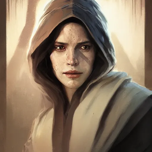 Image similar to portrait of an woman by Greg Rutkowski, she is about 20 years old, pretty, long brown wavy hair, scar near her mouth that makes her look like she's smiling all the time, wearing jedi robes, Star Wars Expanded Universe, highly detailed portrait, digital painting, artstation, concept art, smooth, sharp foccus ilustration, Artstation HQ