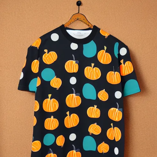 Prompt: marimekko japanese tsutsugaki men's t - shirt design pumpkin